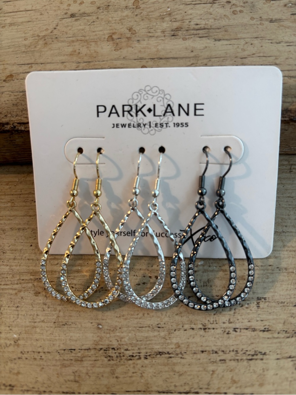 Park Lane Sparkling Teardrop Earrings in Gold, Silver, and Gunmetal